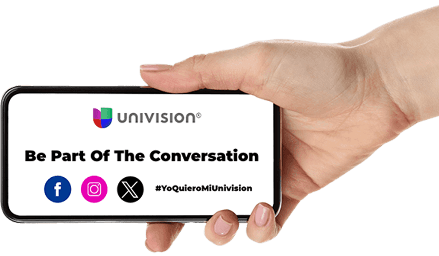 Univision logo. Be a part of the conversation on facebook, Instagram, and twitter. #quieroMiUnivision