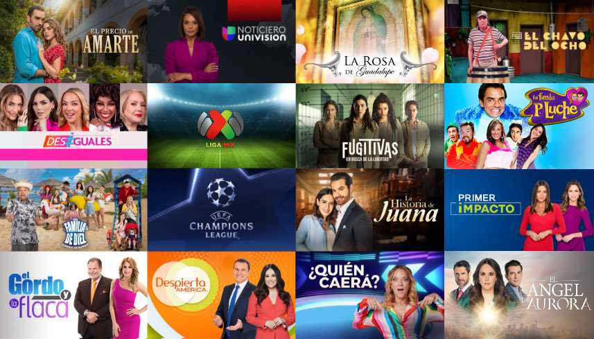 Imagenes compuesta de las programaciónes de Univision: El Noticiero, Mira Quién Baila, La Rosa de Guadalupe, Los Ricos También Lloran , La, Madrastra (el amor lo cambia todo), De Noche Pero Sin Sueño, República Deportiva, El Gordo y la Flaca, Vencer la Ausencia, UEFA Champions League, Despierta America, Enamorados